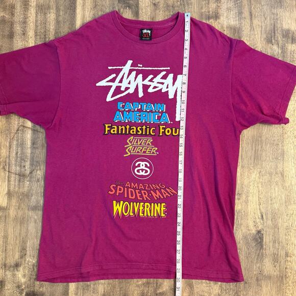 VTG Stussy x Marvel Graphic Shirt Super Heroes vs Villains Magenta Unisex XLarge - Picture 8 of 8